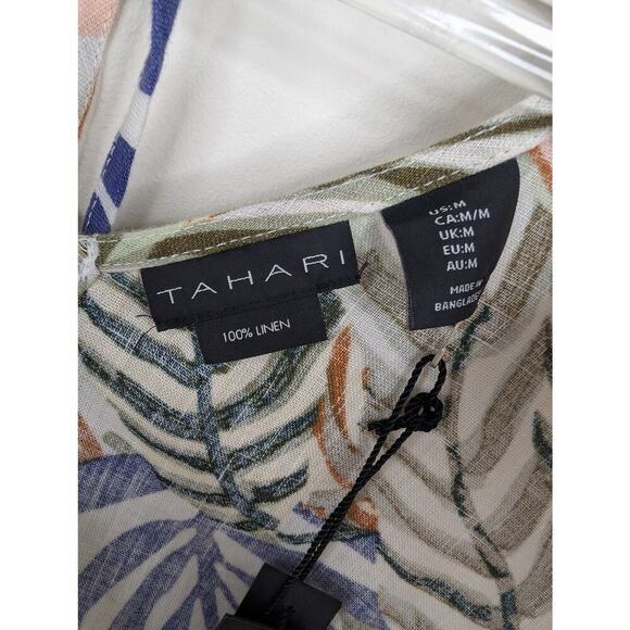 Tahari Dress Womens Medium Linen Sleeveless Leaf Print Summer Tropical V Neck - Picture 3 of 10